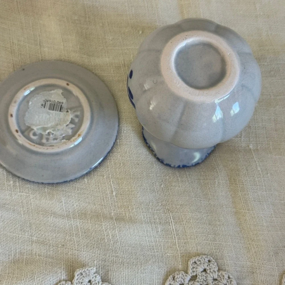 Miniature Blue White Heart Sponge Ware Pitcher and Saucer Set Farmhouse Decor